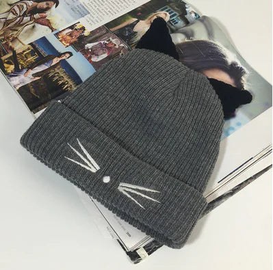 Cute Cat Ear Embroidered Knit Beanie for Women