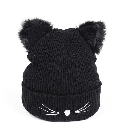 Cute Cat Ear Embroidered Knit Beanie for Women