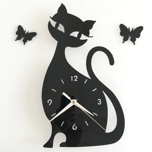 Quartz Wall Clock with Black Cat Wall Sticker