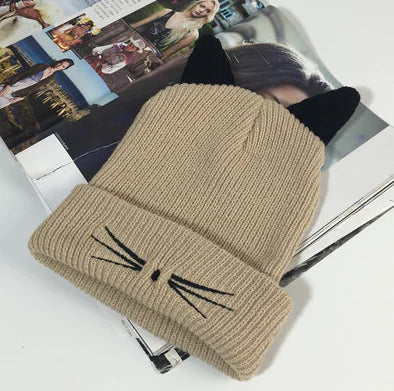Cute Cat Ear Embroidered Knit Beanie for Women