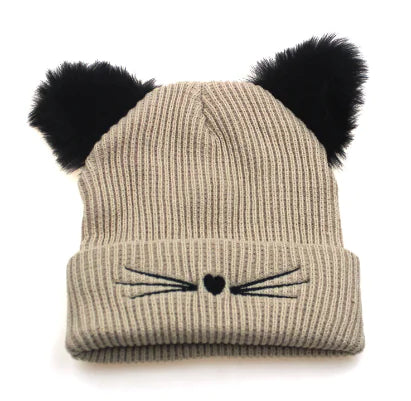 Cute Cat Ear Embroidered Knit Beanie for Women