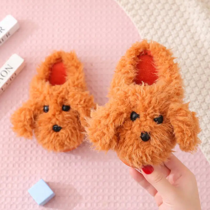Cute Teddy Dog Fur Slippers for Kids' Indoor Use