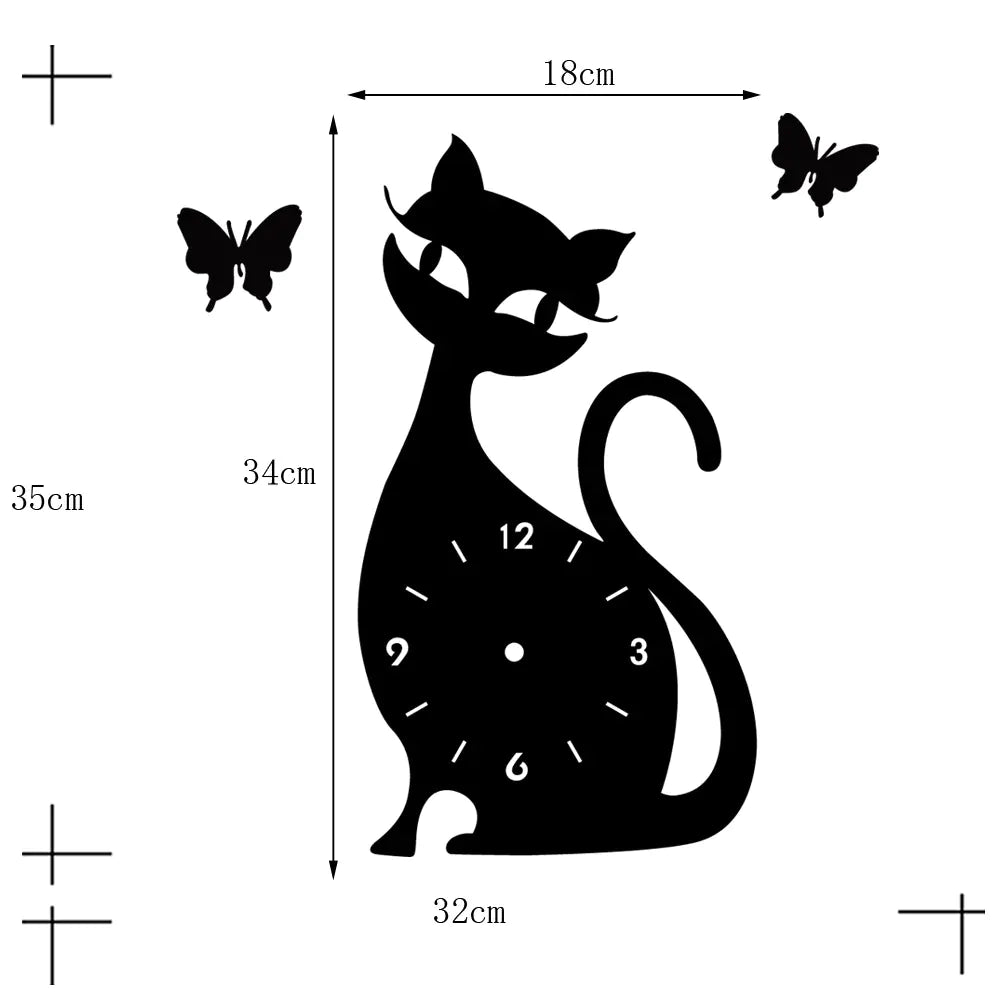 Quartz Wall Clock with Black Cat Wall Sticker