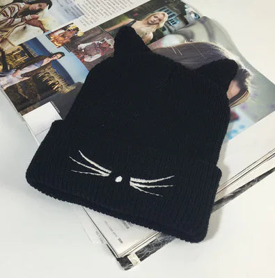 Cute Cat Ear Embroidered Knit Beanie for Women