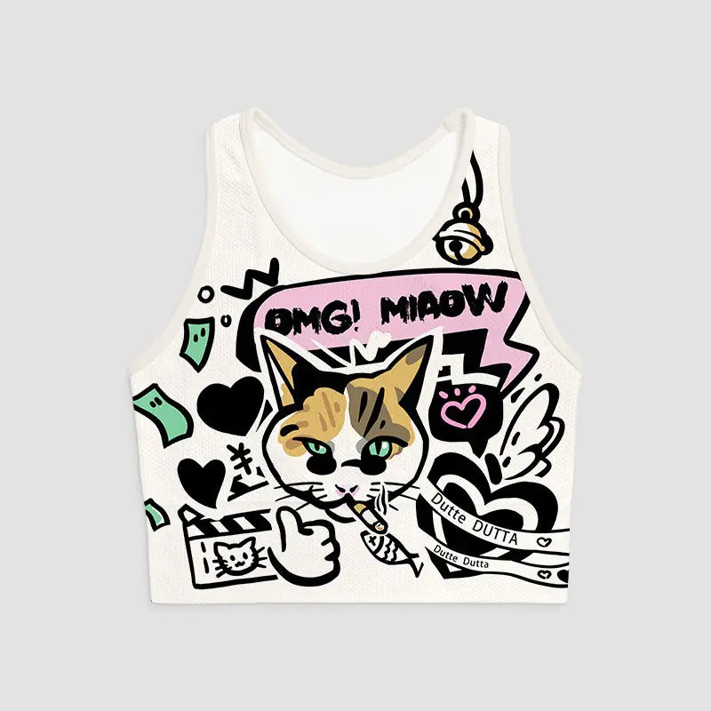 Cartoon Cat Printed V-neck Summer Camisole Top