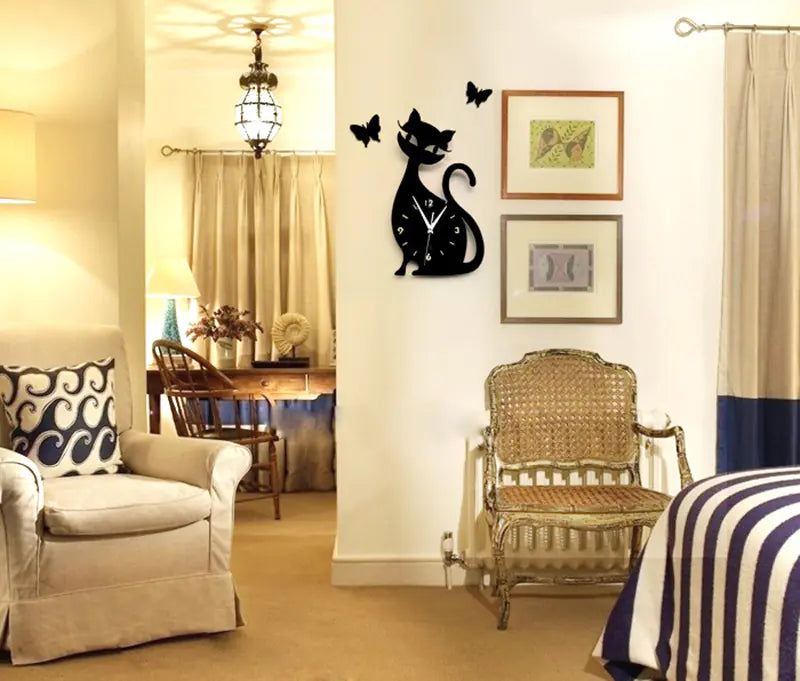 Quartz Wall Clock with Black Cat Wall Sticker