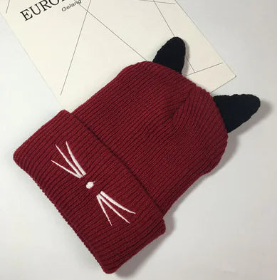 Cute Cat Ear Embroidered Knit Beanie for Women