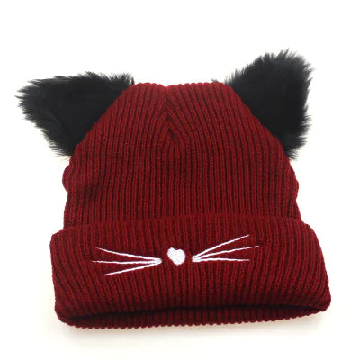 Cute Cat Ear Embroidered Knit Beanie for Women