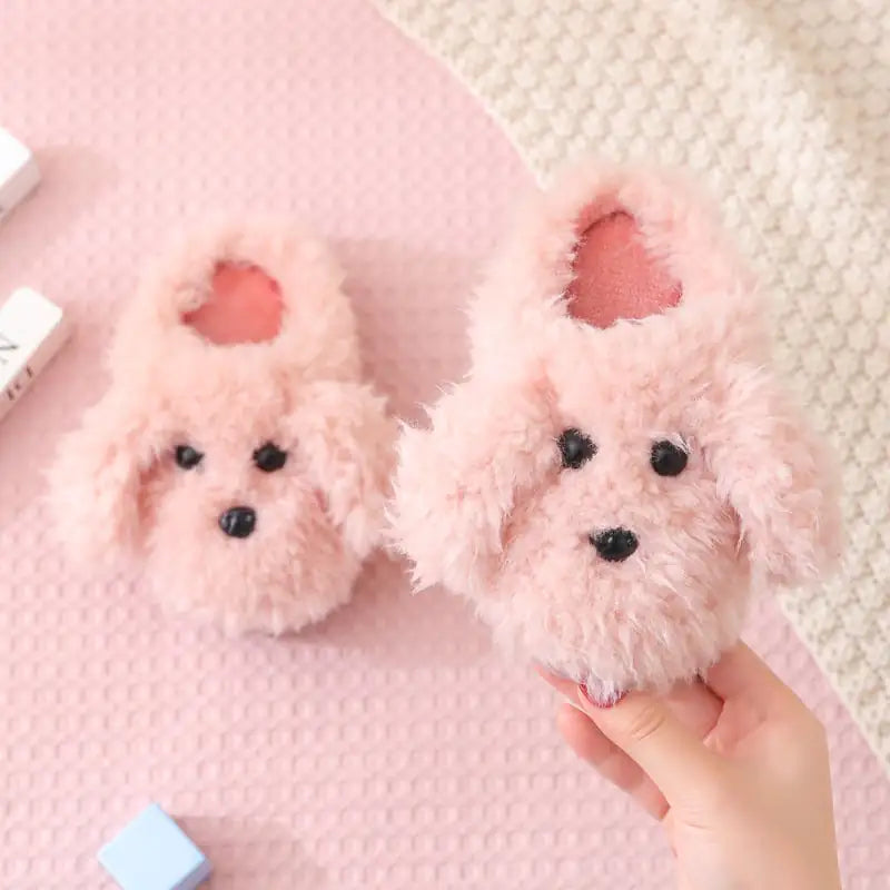 Cute Teddy Dog Fur Slippers for Kids' Indoor Use