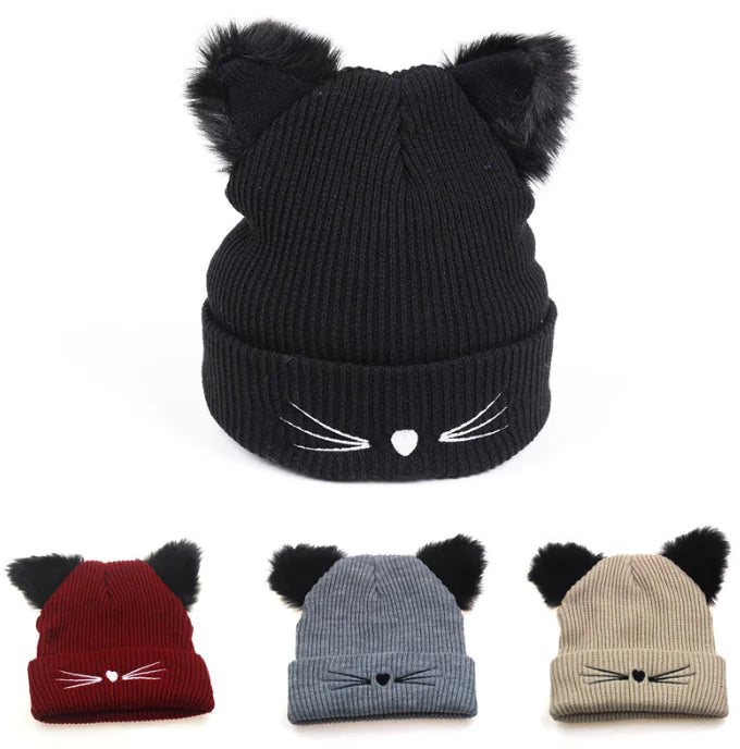 Cute Cat Ear Embroidered Knit Beanie for Women