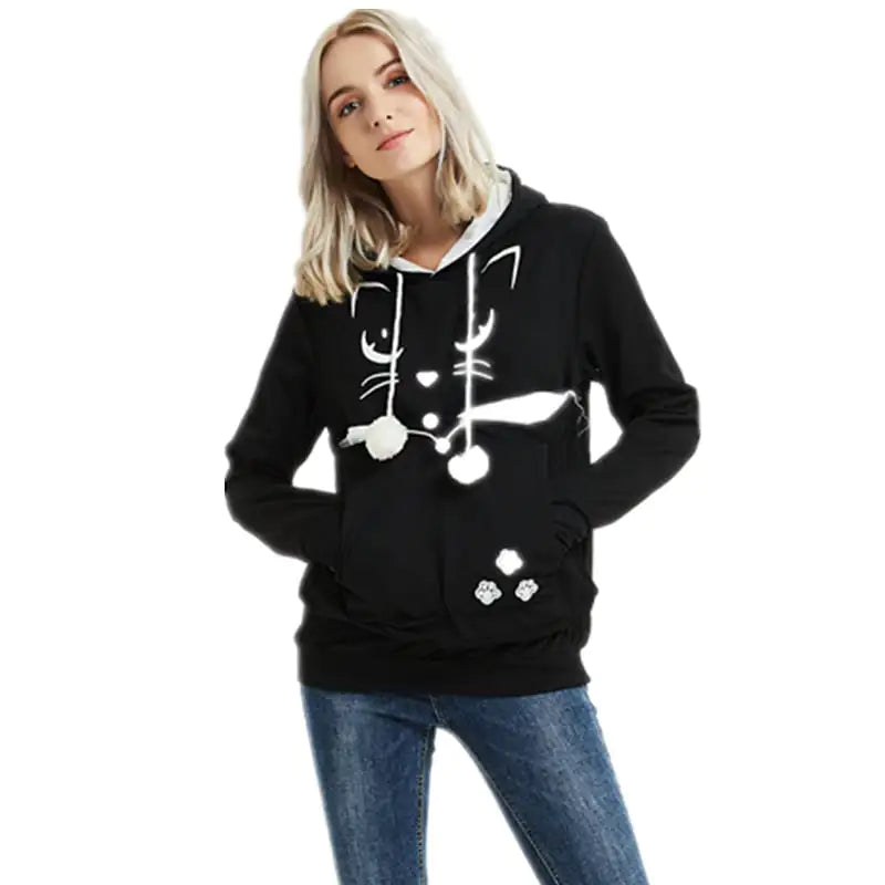 Alien Cat Printed Hooded Sweater for Women